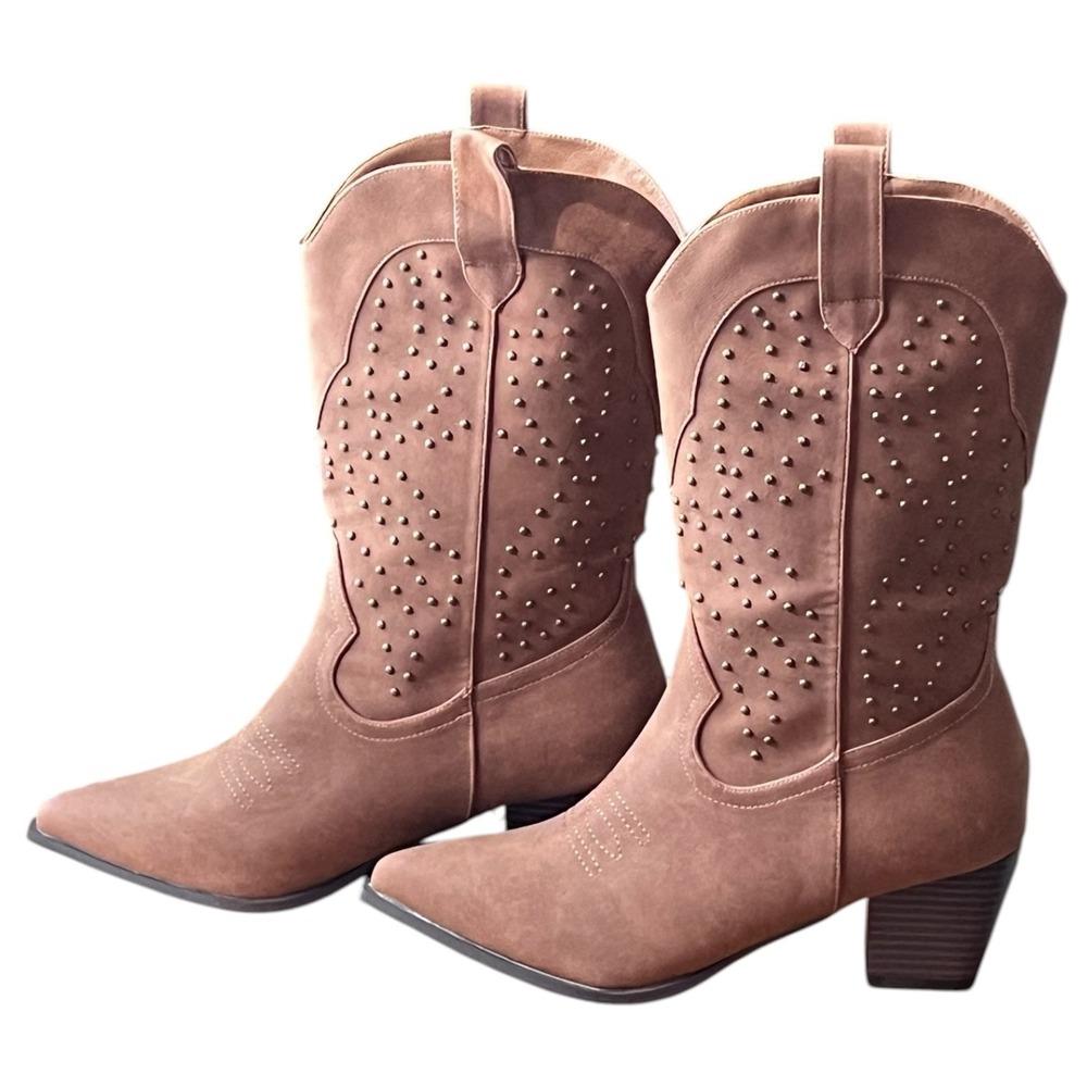 City Chic Studded Western Boots Tan Brown Mid Calf Block Heel Women's 11W NWOB